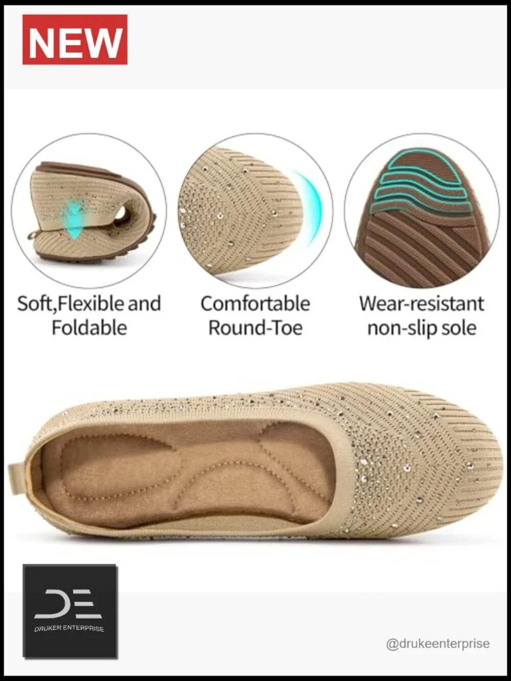 Women's Comfort Knit Ballet Flats Glitter Round Toe Casual Work Shoes